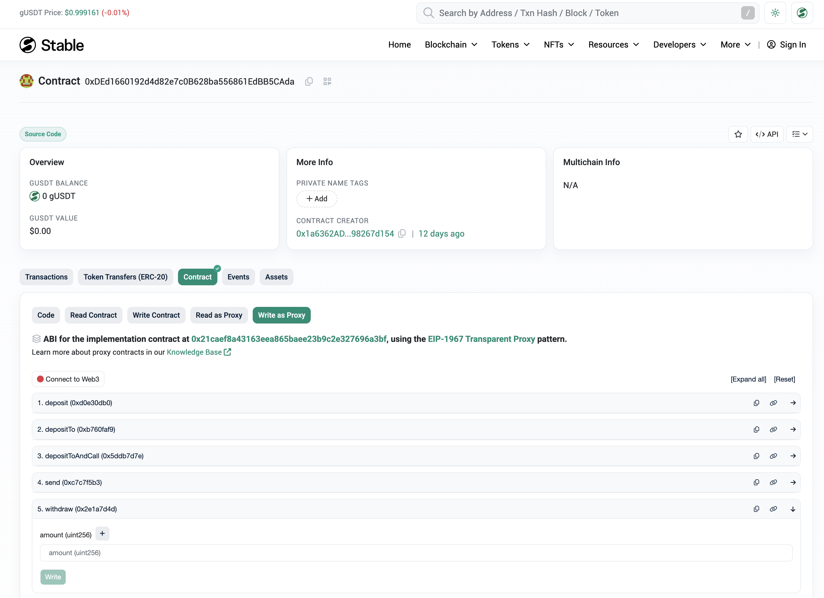 Withdraw USDT0 to gUSDT
